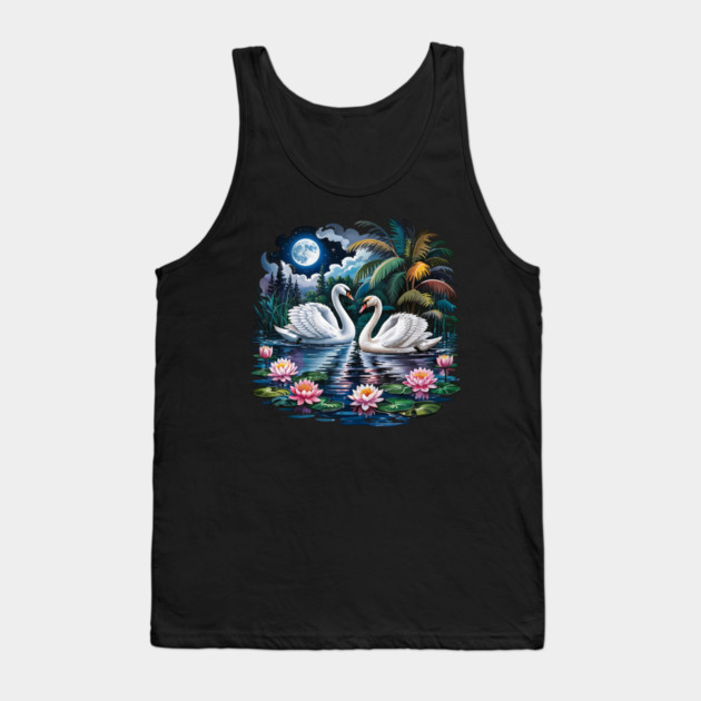 Two White Swans in Pond with Water Lilies Tank Top by BirdsnStuff