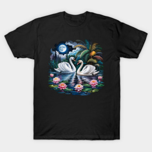 Two White Swans in Pond with Water Lilies T-Shirt