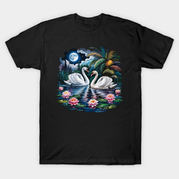 Two White Swans in Pond with Water Lilies T-Shirt by BirdsnStuff