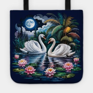 Two White Swans in Pond with Water Lilies Tote