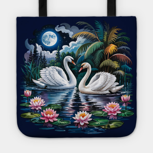 Two White Swans in Pond with Water Lilies Tote by BirdsnStuff