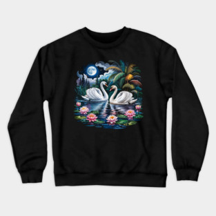 Two White Swans in Pond with Water Lilies Crewneck Sweatshirt