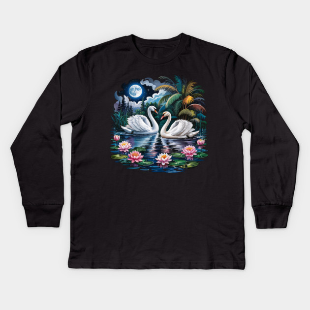 Two White Swans in Pond with Water Lilies Kids Long Sleeve T-Shirt by BirdsnStuff