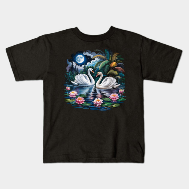 Two White Swans in Pond with Water Lilies Kids T-Shirt by BirdsnStuff