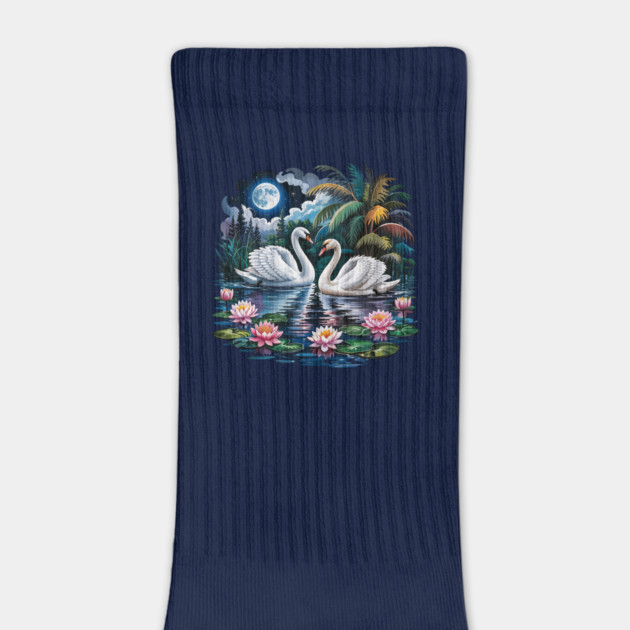 Two White Swans in Pond with Water Lilies by BirdsnStuff