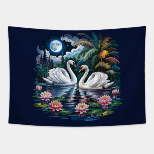 Two White Swans in Pond with Water Lilies Tapestry
