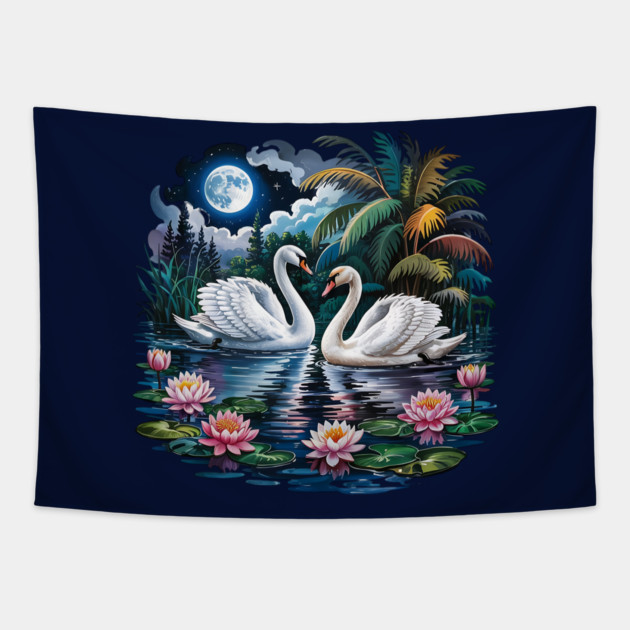Two White Swans in Pond with Water Lilies Tapestry by BirdsnStuff