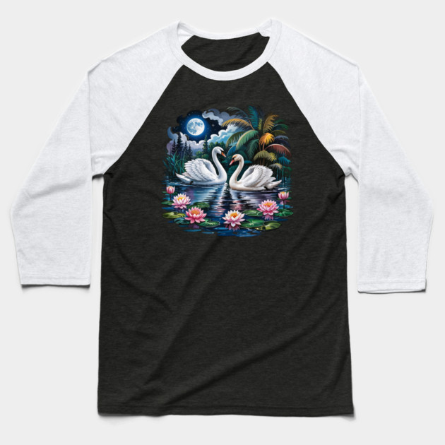 Two White Swans in Pond with Water Lilies Baseball T-Shirt by BirdsnStuff