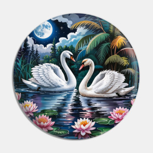 Two White Swans in Pond with Water Lilies Pin