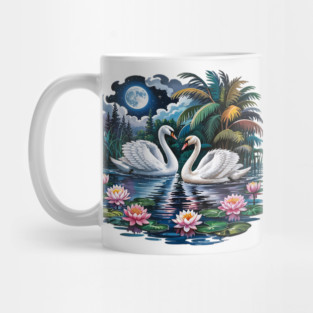 Two White Swans in Pond with Water Lilies Mug