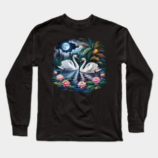 Two White Swans in Pond with Water Lilies Long Sleeve T-Shirt