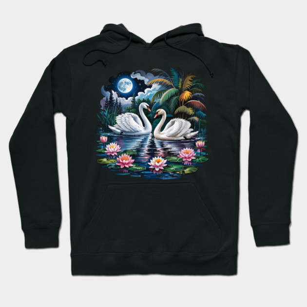 Two White Swans in Pond with Water Lilies Hoodie by BirdsnStuff
