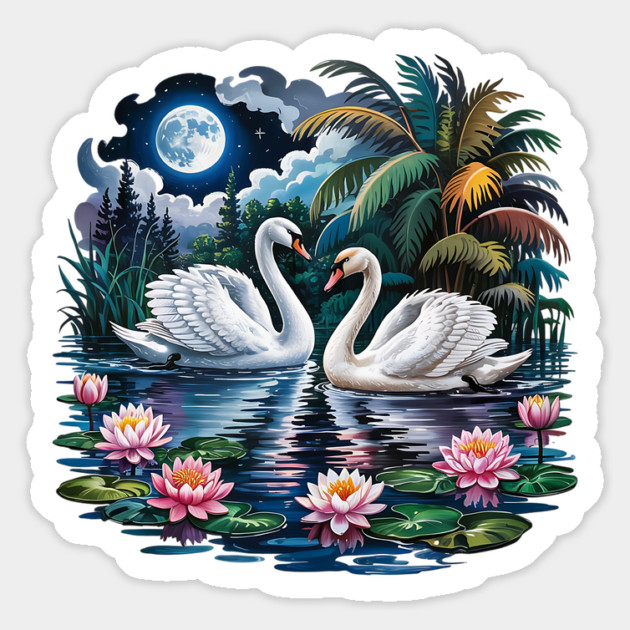 Two White Swans in Pond with Water Lilies Magnet by BirdsnStuff