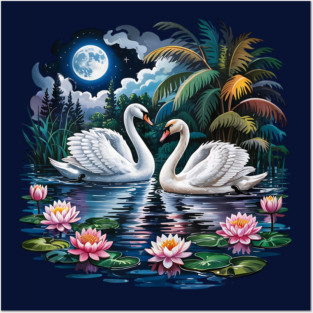 Two White Swans in Pond with Water Lilies Posters and Art