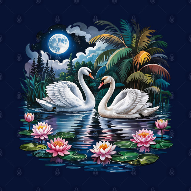 Two White Swans in Pond with Water Lilies by BirdsnStuff