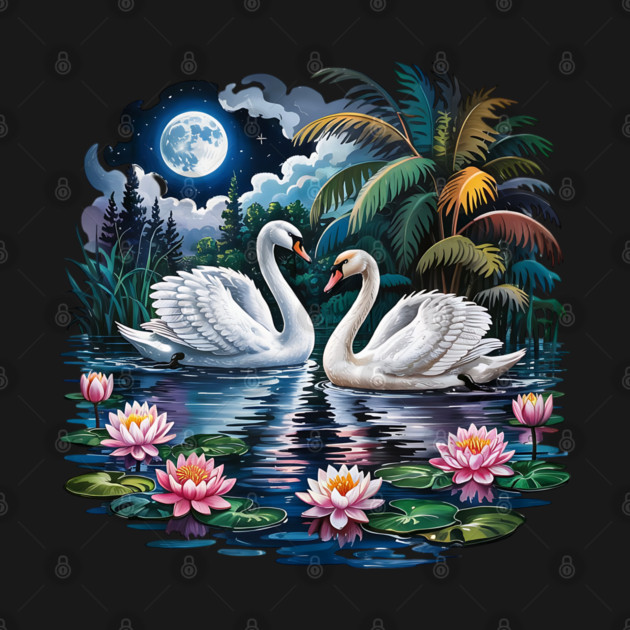 Two White Swans in Pond with Water Lilies by BirdsnStuff