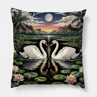 White Swans in Pond with Water Lilies and Full Moon Pillow