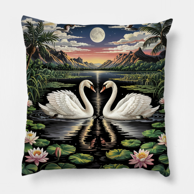White Swans in Pond with Water Lilies and Full Moon Pillow by BirdsnStuff