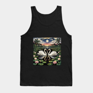 White Swans in Pond with Water Lilies and Full Moon Tank Top