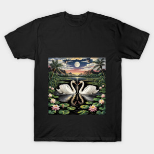 White Swans in Pond with Water Lilies and Full Moon T-Shirt