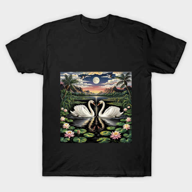 White Swans in Pond with Water Lilies and Full Moon T-Shirt by BirdsnStuff