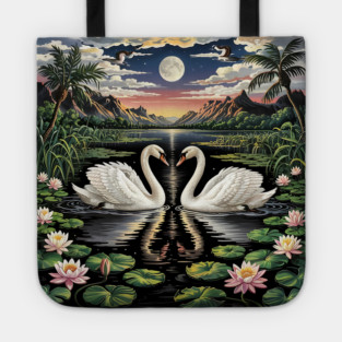 White Swans in Pond with Water Lilies and Full Moon Tote