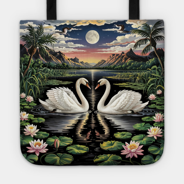 White Swans in Pond with Water Lilies and Full Moon Tote by BirdsnStuff