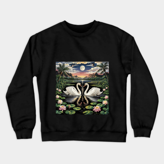 White Swans in Pond with Water Lilies and Full Moon Crewneck Sweatshirt by BirdsnStuff
