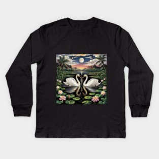 White Swans in Pond with Water Lilies and Full Moon Kids Long Sleeve T-Shirt