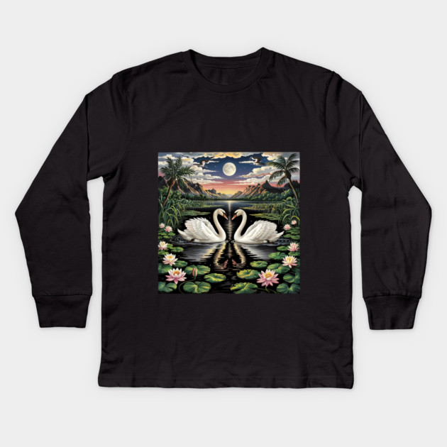 White Swans in Pond with Water Lilies and Full Moon Kids Long Sleeve T-Shirt by BirdsnStuff
