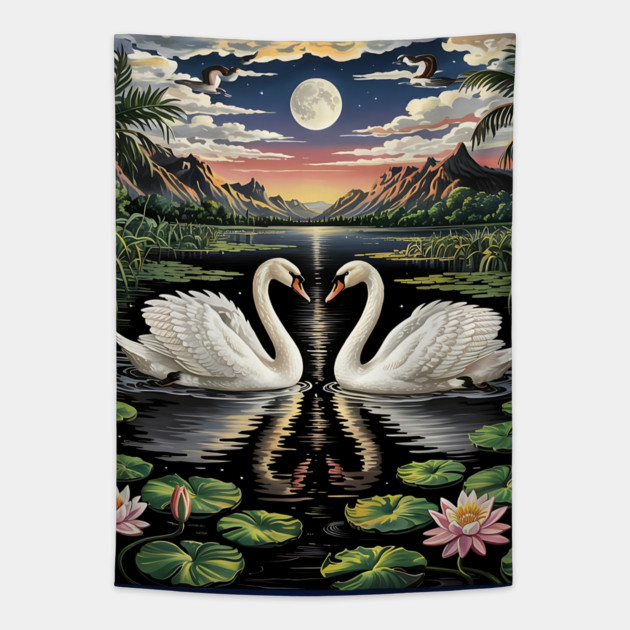 White Swans in Pond with Water Lilies and Full Moon Tapestry by BirdsnStuff