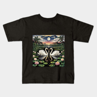 White Swans in Pond with Water Lilies and Full Moon Kids T-Shirt