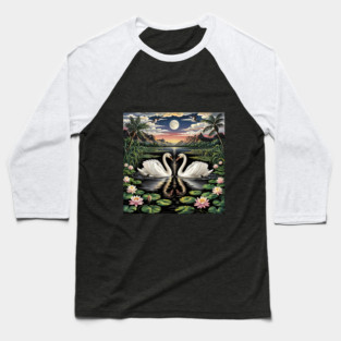 White Swans in Pond with Water Lilies and Full Moon Baseball T-Shirt