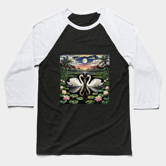 White Swans in Pond with Water Lilies and Full Moon Baseball T-Shirt by BirdsnStuff