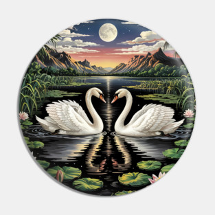 White Swans in Pond with Water Lilies and Full Moon Pin