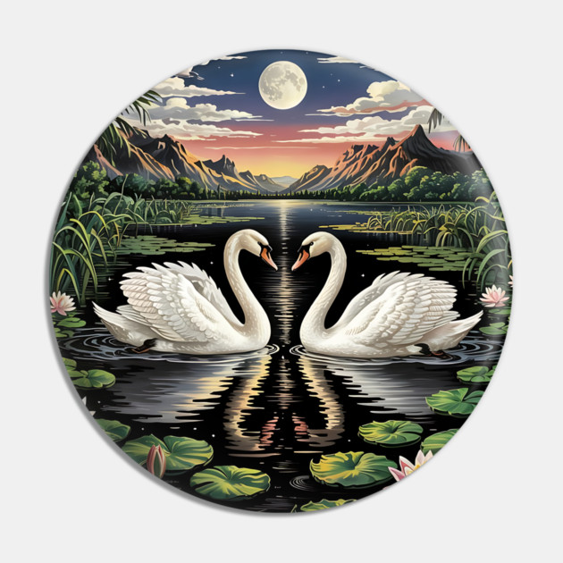 White Swans in Pond with Water Lilies and Full Moon Pin by BirdsnStuff