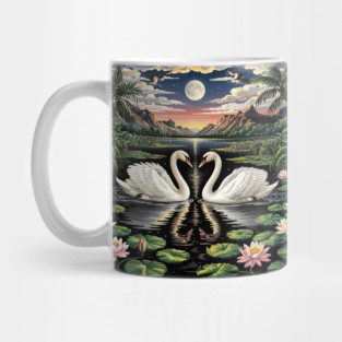 White Swans in Pond with Water Lilies and Full Moon Mug