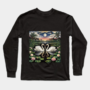 White Swans in Pond with Water Lilies and Full Moon Long Sleeve T-Shirt