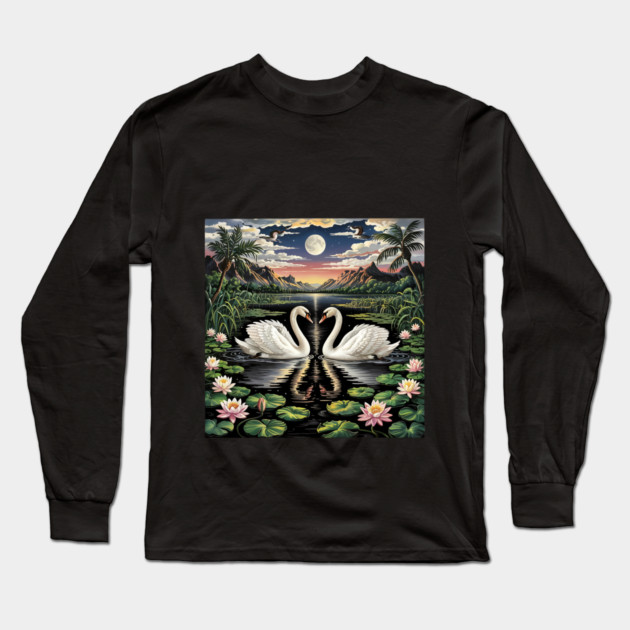 White Swans in Pond with Water Lilies and Full Moon Long Sleeve T-Shirt by BirdsnStuff
