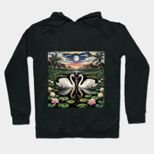 White Swans in Pond with Water Lilies and Full Moon Hoodie