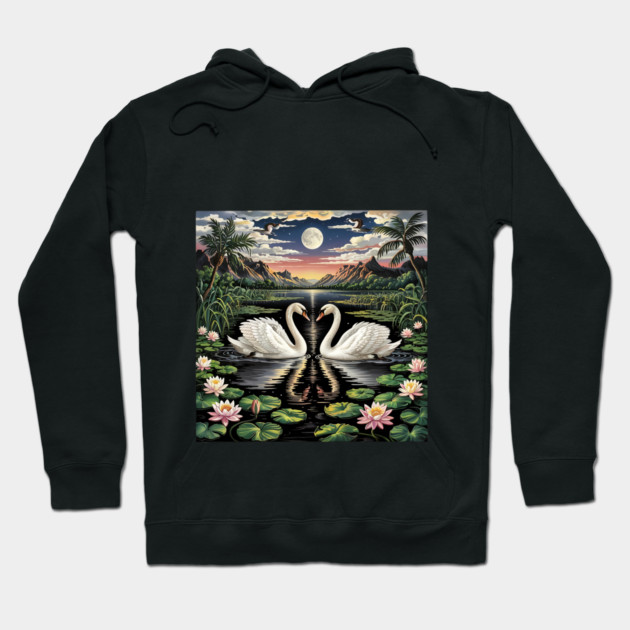 White Swans in Pond with Water Lilies and Full Moon Hoodie by BirdsnStuff