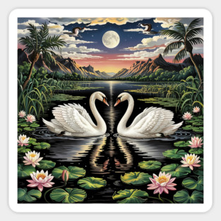 White Swans in Pond with Water Lilies and Full Moon Magnet