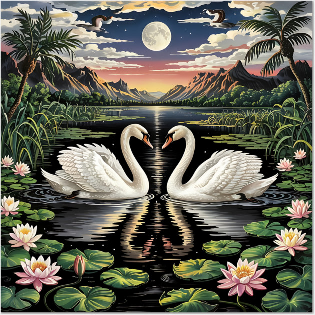 White Swans in Pond with Water Lilies and Full Moon Wall Art by BirdsnStuff