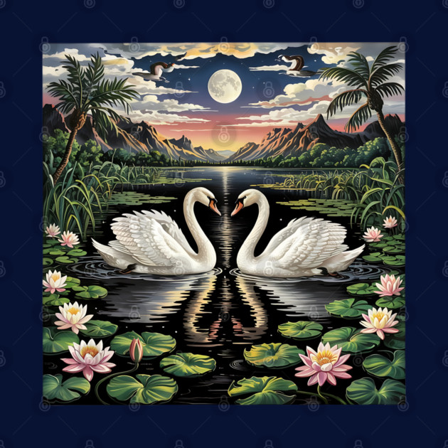 White Swans in Pond with Water Lilies and Full Moon by BirdsnStuff