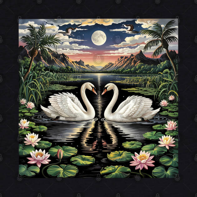 White Swans in Pond with Water Lilies and Full Moon by BirdsnStuff