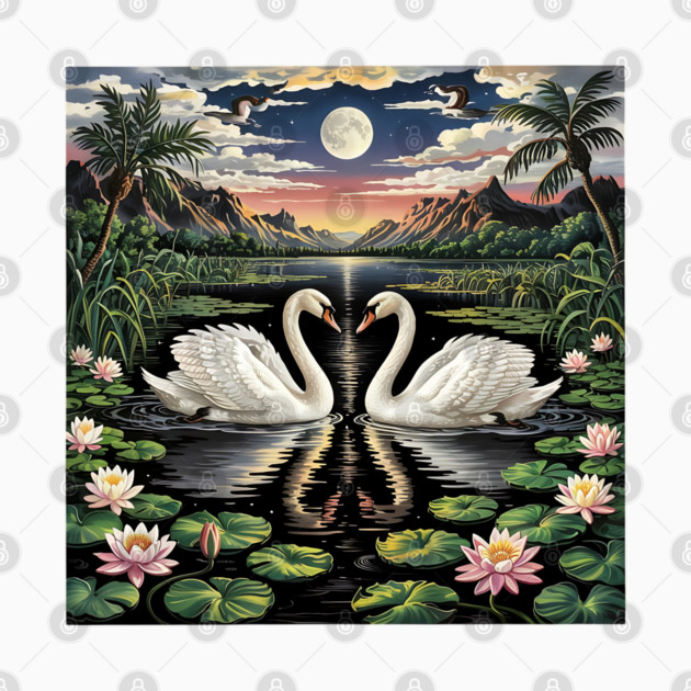 White Swans in Pond with Water Lilies and Full Moon by BirdsnStuff
