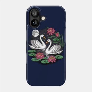 Two White Swans on a Night Pond with Full Moon Phone Case