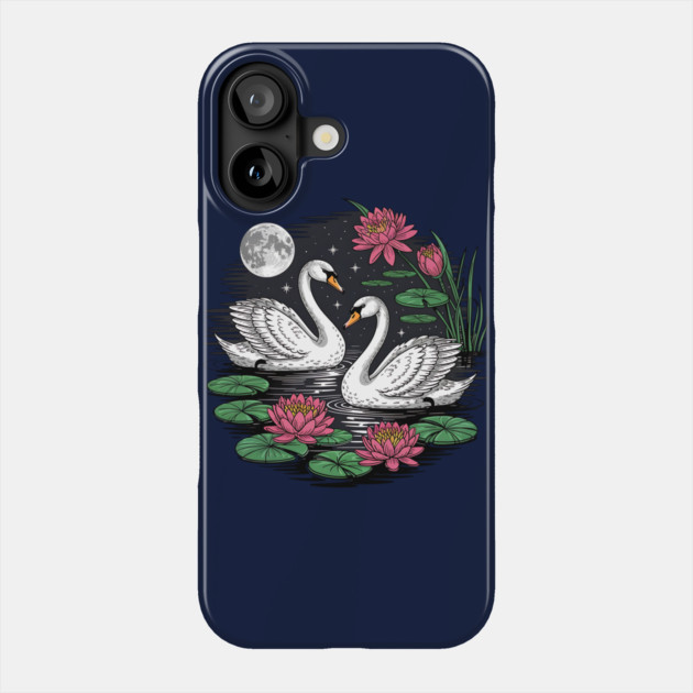 Two White Swans on a Night Pond with Full Moon Phone Case by BirdsnStuff