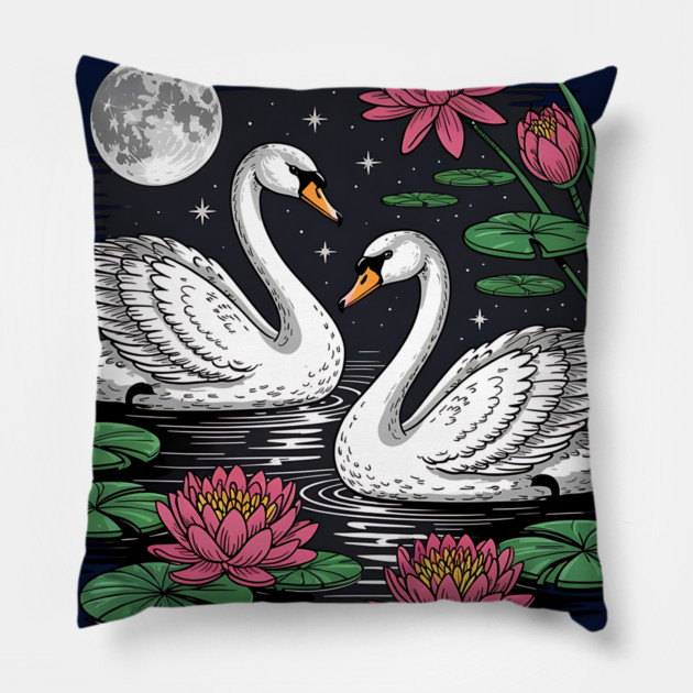 Two White Swans on a Night Pond with Full Moon Pillow by BirdsnStuff