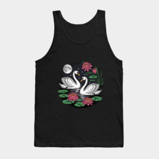 Two White Swans on a Night Pond with Full Moon Tank Top